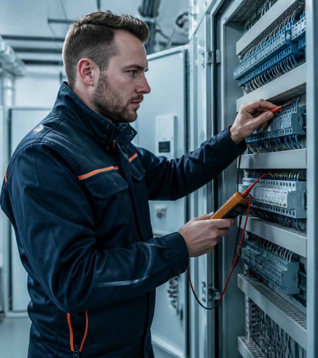 Elektromonteur controleert een technische schakelkast